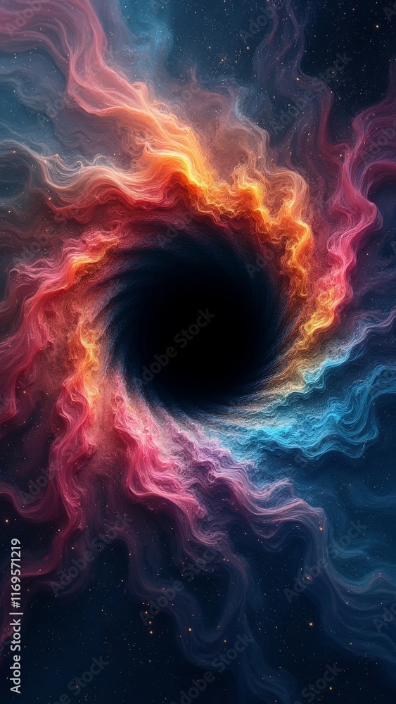 Colorful swirling galaxy-style black hole illustration with vibrant nebulae