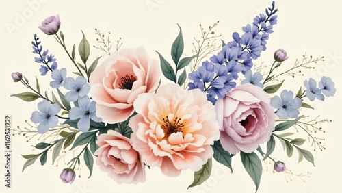 Elegant Watercolor Floral Bouquet Painting Pastel Peach Pink Roses Lavender