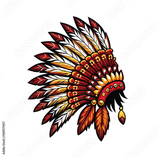 A detailed illustration of a traditional Native American war bonnet with feathers in various colors.