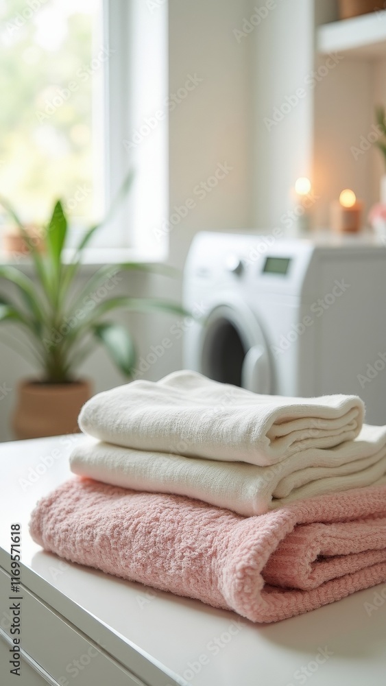 Stack of clean white and pink towels in bright modern laundry room