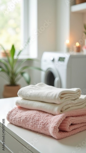 Obraz na płótnie Stack of clean white and pink towels in bright modern laundry room w salonie