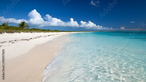 A peaceful beach with crystal clear turquoise water and gentle waves lapping the shore 