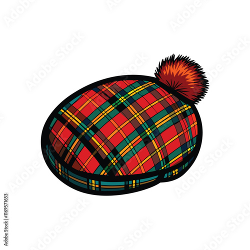 A traditional Scottish Tam o' Shanter hat with a red, green, and yellow tartan.