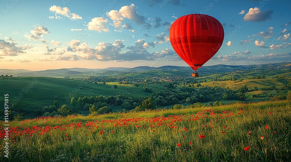 Fototapeta premium Red Balloon Over Green Hillside
