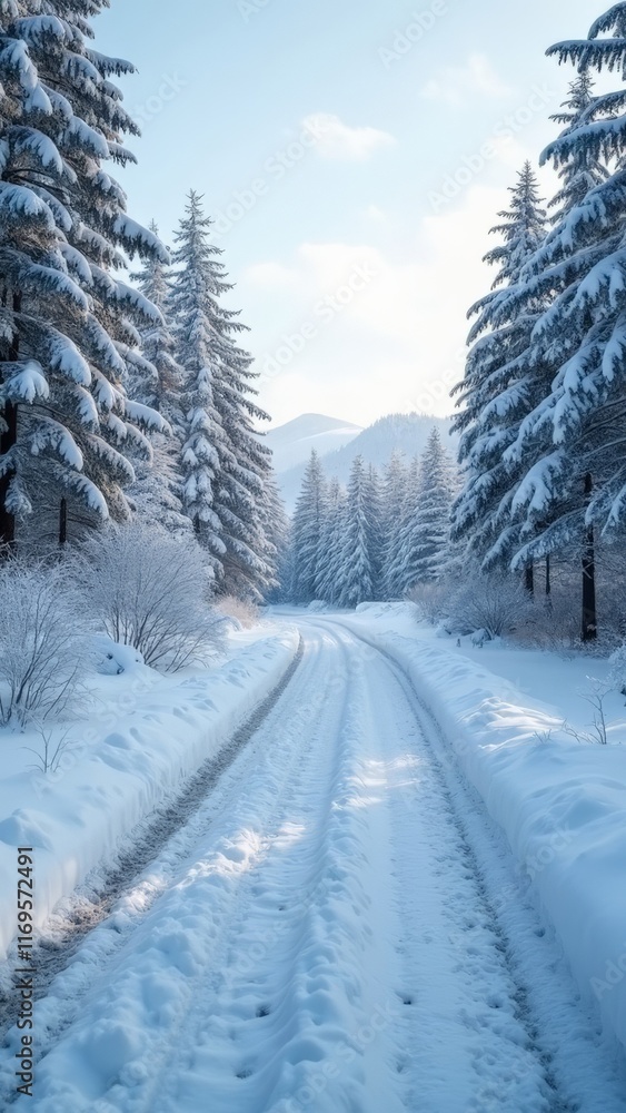 Snow-covered forest road winding through winter landscape with tall pine trees