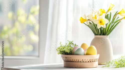 Wallpaper Mural Sunny Windowsill with Daffodils and Pastel Easter Decor Torontodigital.ca