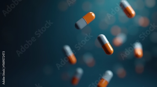 Abstract image of colorful pills and capsules falling against a dark blue background.