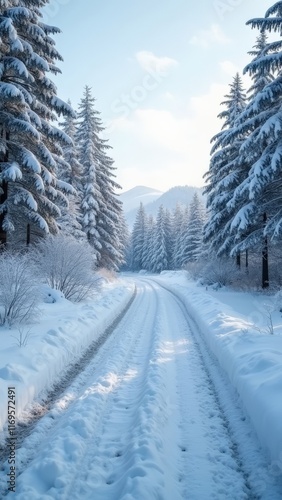 Obraz na płótnie Snow-covered forest road winding through winter landscape with tall pine trees w salonie