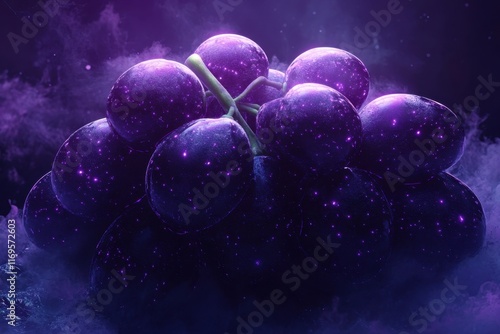 Grapes resembling a cosmic scene with vibrant colors and light effects in a dark background photo