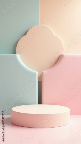 Obraz na płótnie Pastel 3D geometric display with circular podium and curved background shapes w salonie