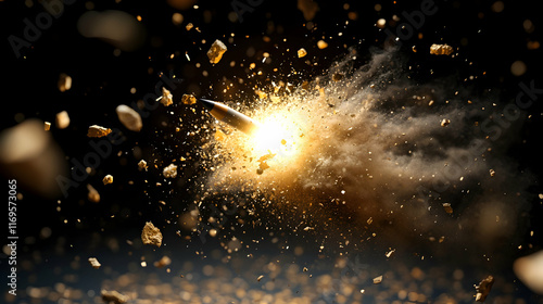Bullet impacting target, creating explosion and debris.