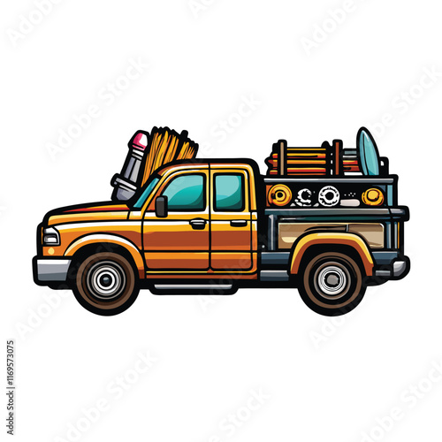 Create a vector drawing of a pickup truck loaded with tools and equipment, implying it's used for illegal activities.