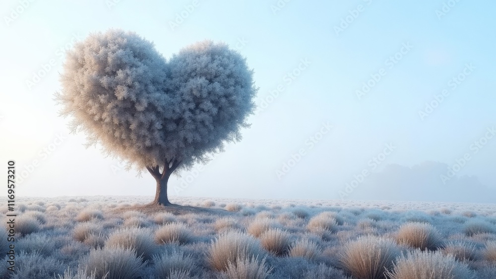 Frost-covered heart-shaped tree in a winter landscape with soft morning light