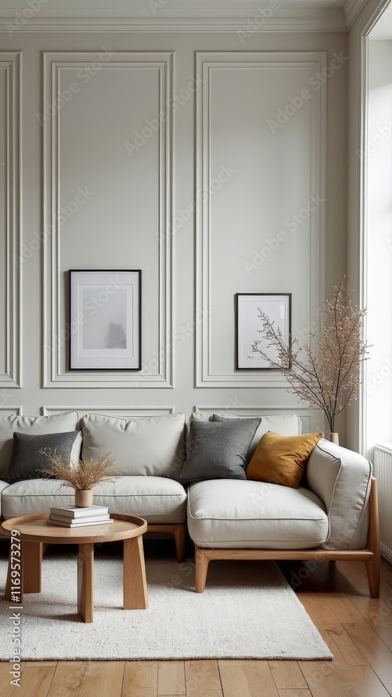 Modern beige living room with wooden furniture and neutral decor