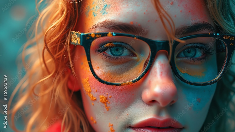 Woman with artistic face paint and glasses in colorful close-up portrait