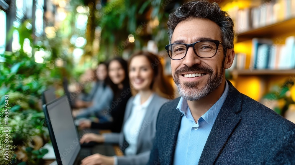 Smiling businessman leading online class in modern office surrounded by greenery Smiling businessman leading online class in modern office surrounded by greenery