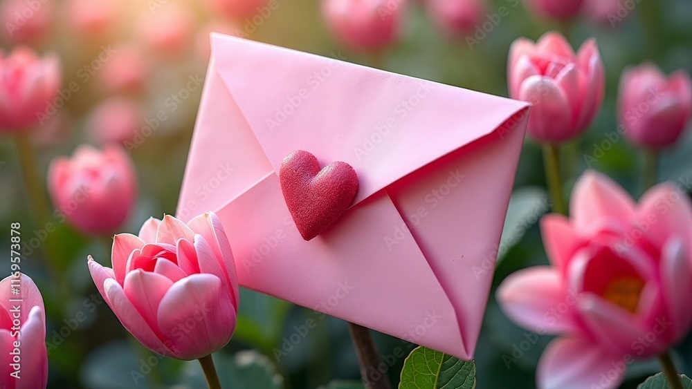 Romantic pink envelope with heart seal among blooming tulips in spring garden