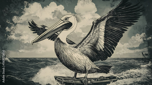 Vintage sailor pelican on a seafaring adventure. Seafarer. Illustration