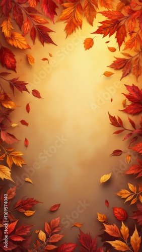 Obraz na płótnie Autumn leaves border with empty center space on warm beige background w salonie
