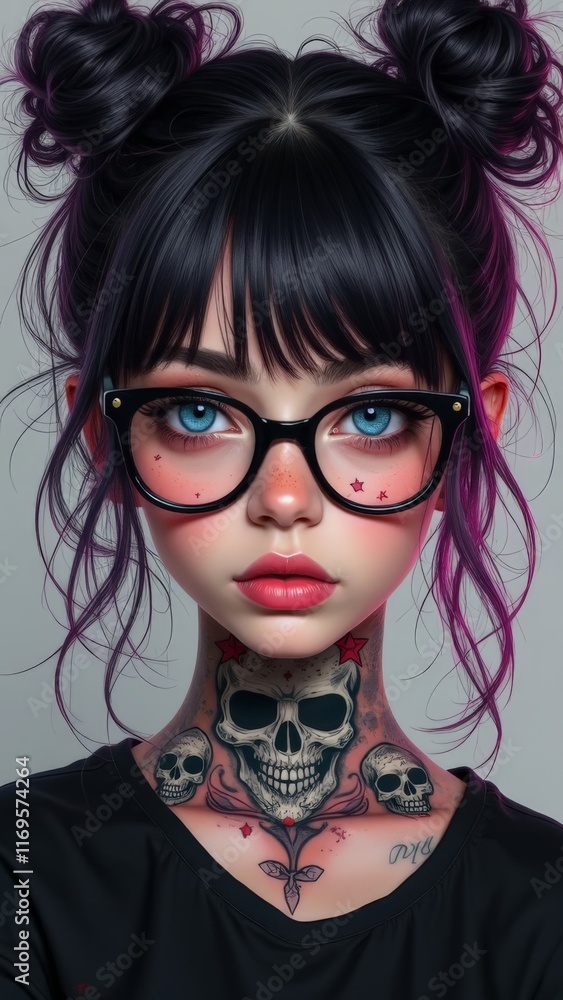 Young woman with vibrant tattoos and eyeglasses in alternative fashion style