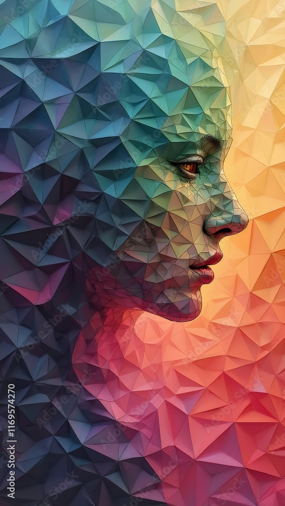 Colorful low-poly face profile with gradient lighting and abstract background