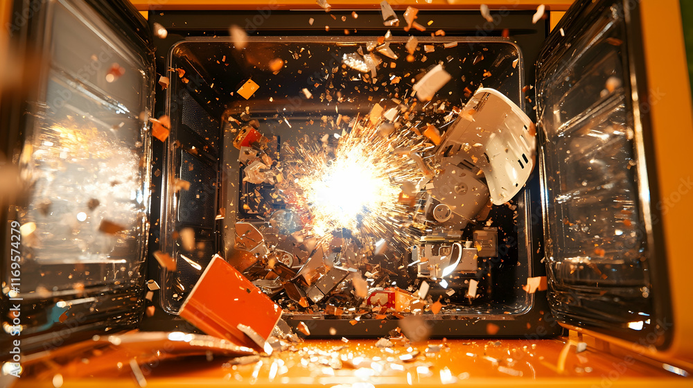 Fototapeta premium Exploding kitchen appliance with shattered dishes and bright light.