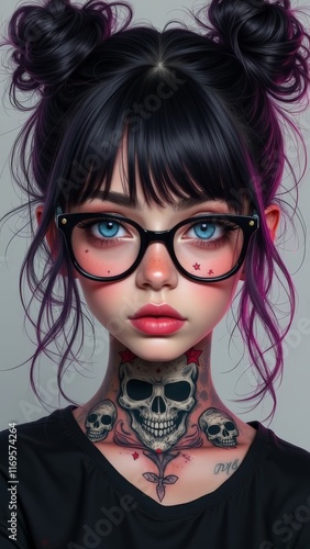 Obraz na płótnie Young woman with vibrant tattoos and eyeglasses in alternative fashion style w salonie
