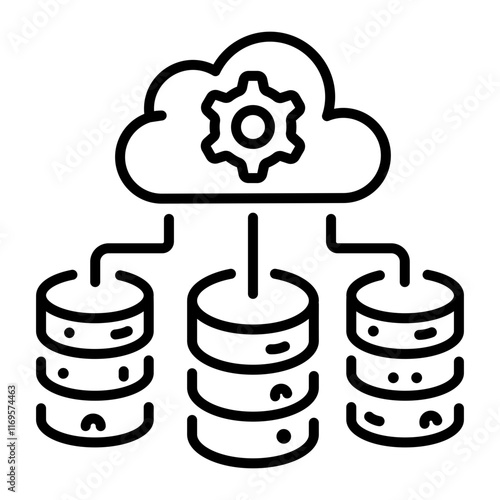 Three databases are connected with cloud storage, line icon 