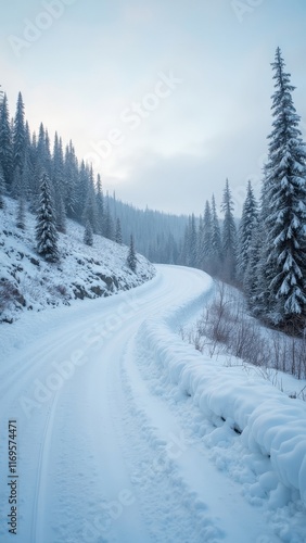 Snowy mountain road winding through forest with tall pine trees and winter mist
