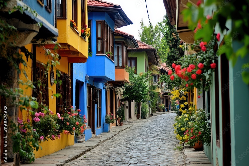 Colorful houses line a cobblestone street, flowers blooming along the walls. Colorful houses line a cobblestone street, flowers blooming along the walls.