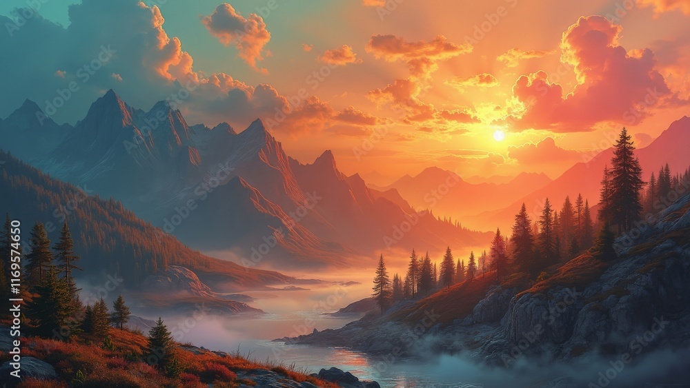 Colorful mountain valley landscape at sunrise with pine trees and mist
