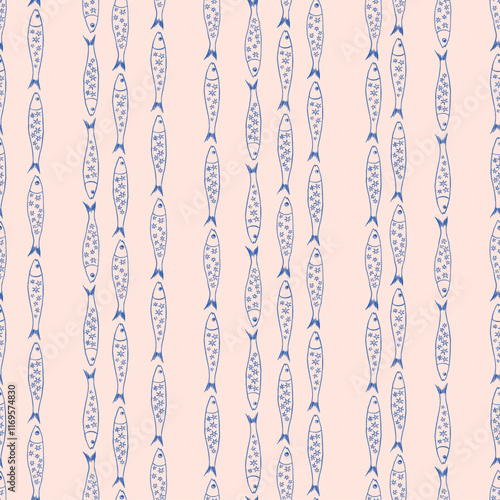 hand drawn sardines, vector illustration, seamless pattern, trendy, fashion, textile, fabric