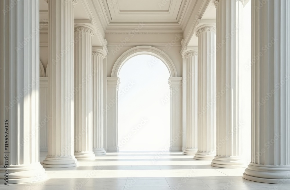 Neoclassical hallway with tall white columns and arched entrance