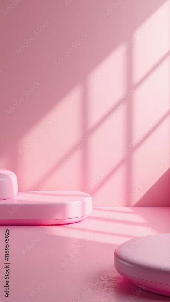 Minimal pink podiums in abstract room with shadows from window