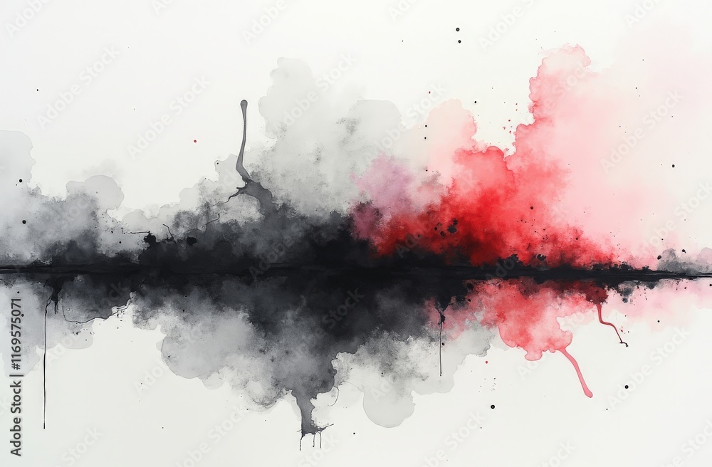 Abstract ink splash artwork with black and red watercolor clouds