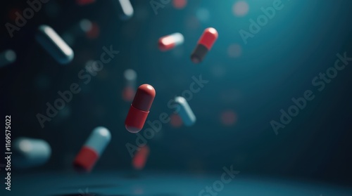 Abstract image of colorful pills and capsules falling against a dark blue background.
