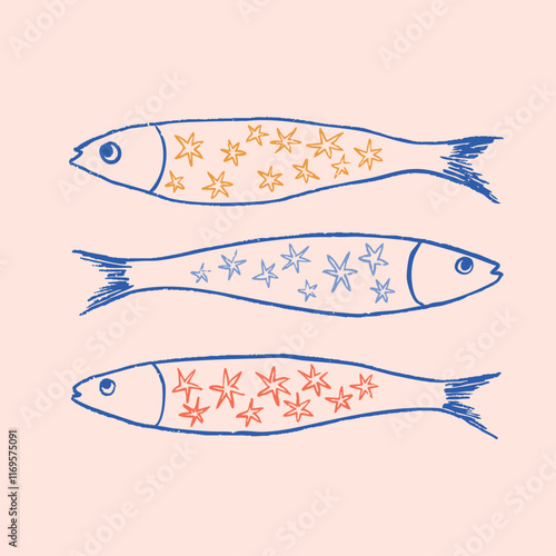 hand drawn sardines, vector illustration, seamless pattern, trendy, fashion, textile, fabric