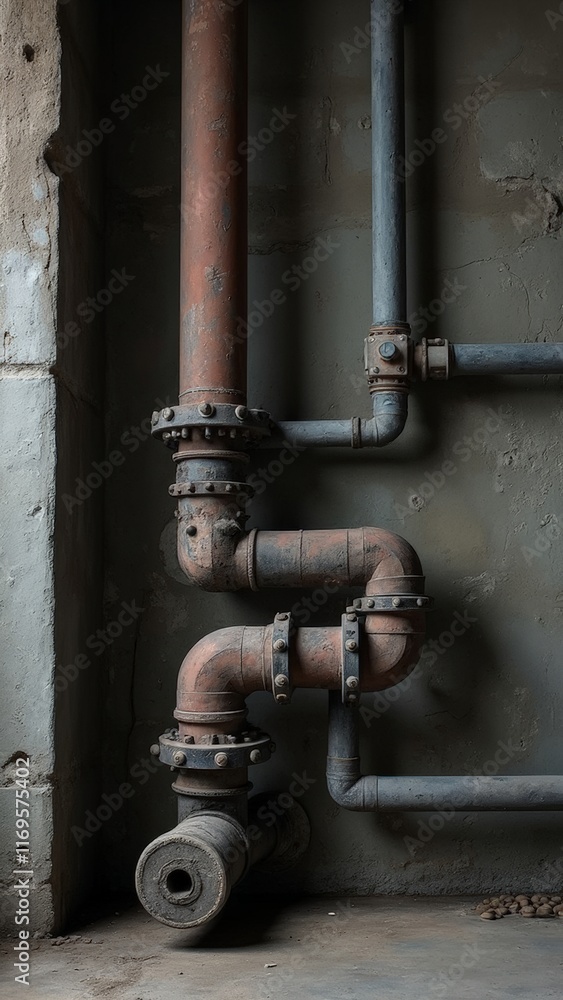 Industrial pipes with rusted metal texture on old concrete wall Industrial pipes with rusted metal texture on old concrete wall