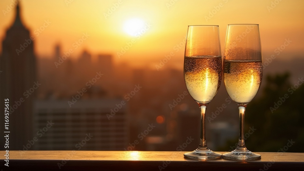 Two champagne glasses with bubbles at sunset overlooking city skyline