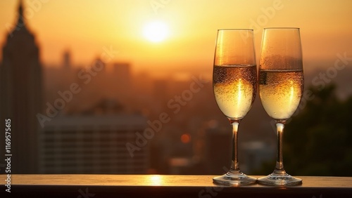 Obraz na płótnie Two champagne glasses with bubbles at sunset overlooking city skyline w salonie