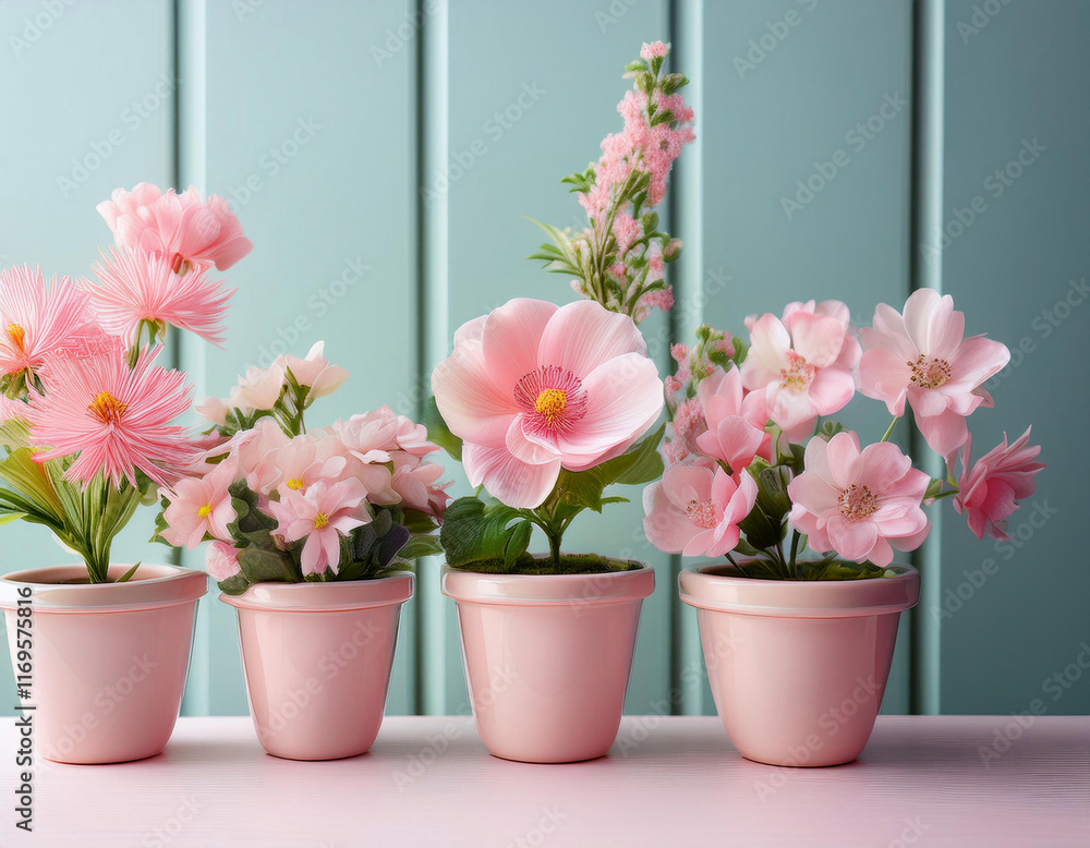 custom made wallpaper toronto digitalPink flowering plants are displayed in a row of matching pink ceramic pots against a teal-colored wall background.