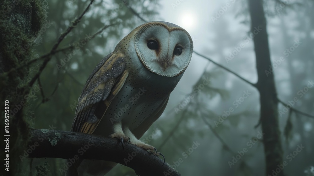 A barn owl perched on a branch in a misty forest, looking directly at the camera. A barn owl perched on a branch in a misty forest, looking directly at the camera.