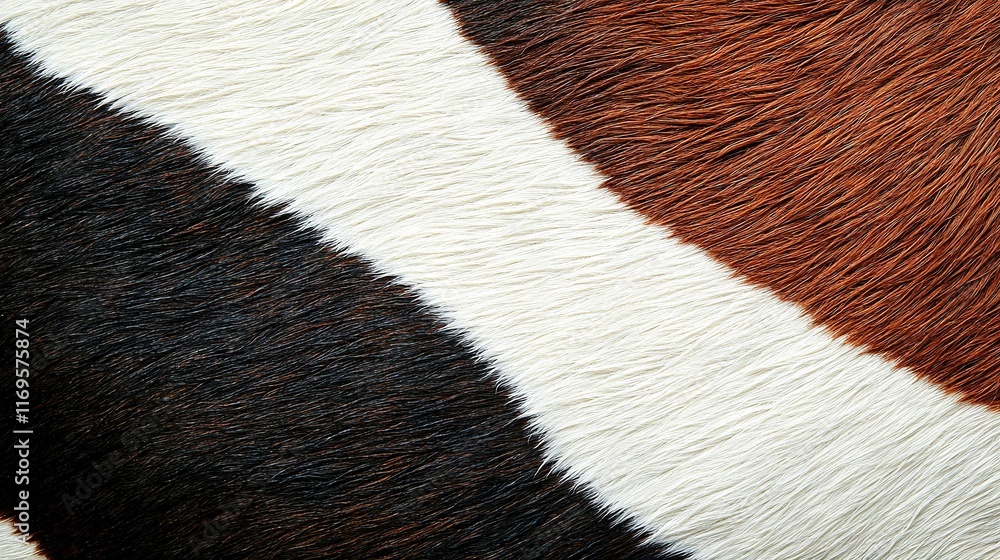 A close-up image of a black, white, and brown cow's fur with a black and white stripe A close-up image of a black, white, and brown cow's fur with a black and white stripe