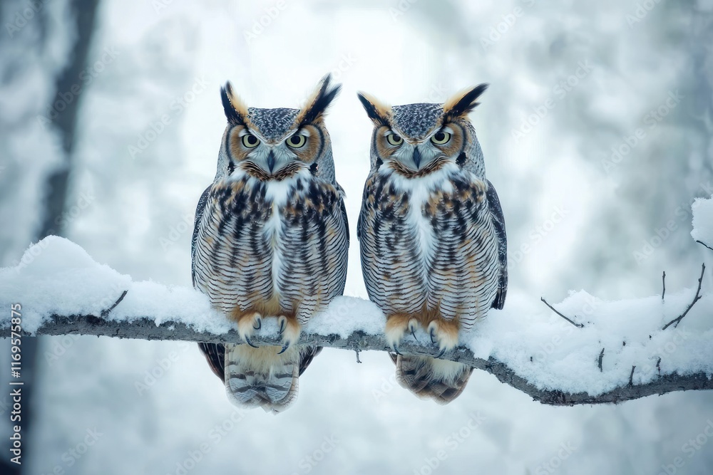 Two great horned owls perched side-by-side on a snow-covered branch in a winter forest. Two great horned owls perched side-by-side on a snow-covered branch in a winter forest.