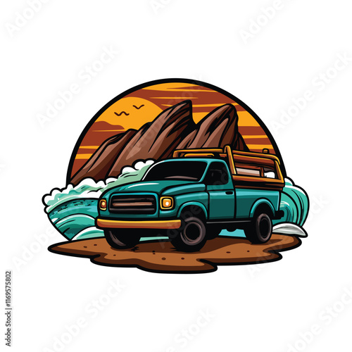 Vector illustration of a teal pickup truck parked on a rocky beach with waves crashing in the background and an orange sunset sky above.