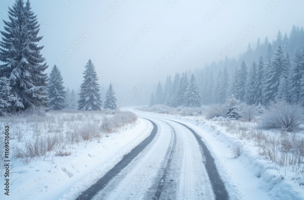 Snow-covered winding road through frosty pine forest in winter fog