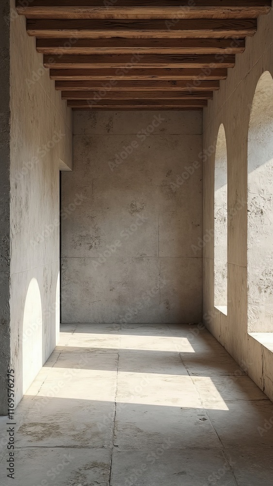 Arched corridor with raw concrete walls and wooden ceiling beams