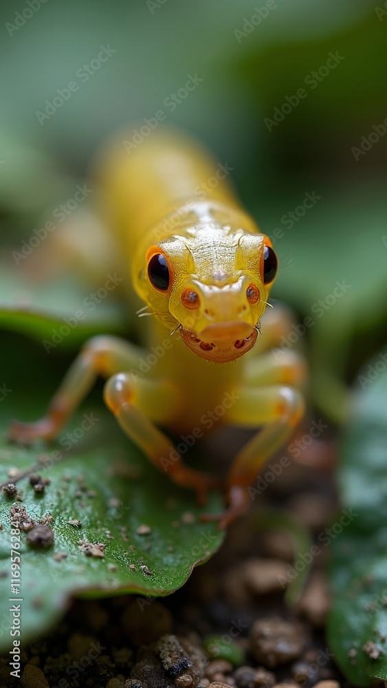 Close-up of a yellow salamander on green leaf and soil