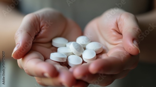 Close-up of a person's hands holding a handful of white pills and a glass of water.
