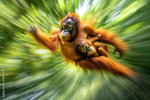 Mother orangutan carrying her baby through lush rainforest canopy. photo